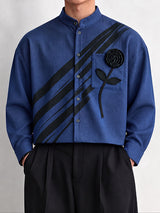 [Pre-order] Men's Neo-Chinese Chic Art Exhibition 3D Rose Flower Diagonal Brush Stripe Mandarin Collar Shirt SKUL89237