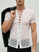 Men's Polka Dot Sheer Drawstring Tie Short Sleeve T-shirt SKUL57646