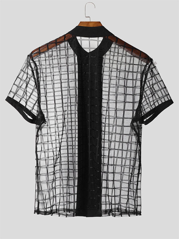 Men's Sheer Mesh Plaid Short Sleeve Shirt SKUL17952
