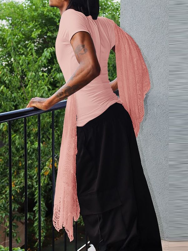 Men's Solid Color Lace Patchwork Knitted Short Sleeve T-shirt SKUL42802