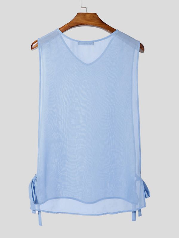 Men's Sheer Chiffon Deep Side Split Tie Hem V-Neck Tank SKUL63642