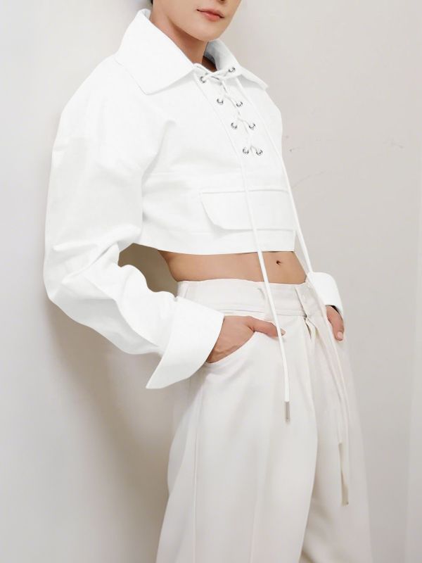 Men's Drawstring Tie Cropped Long Sleeve Shirt SKUL34230