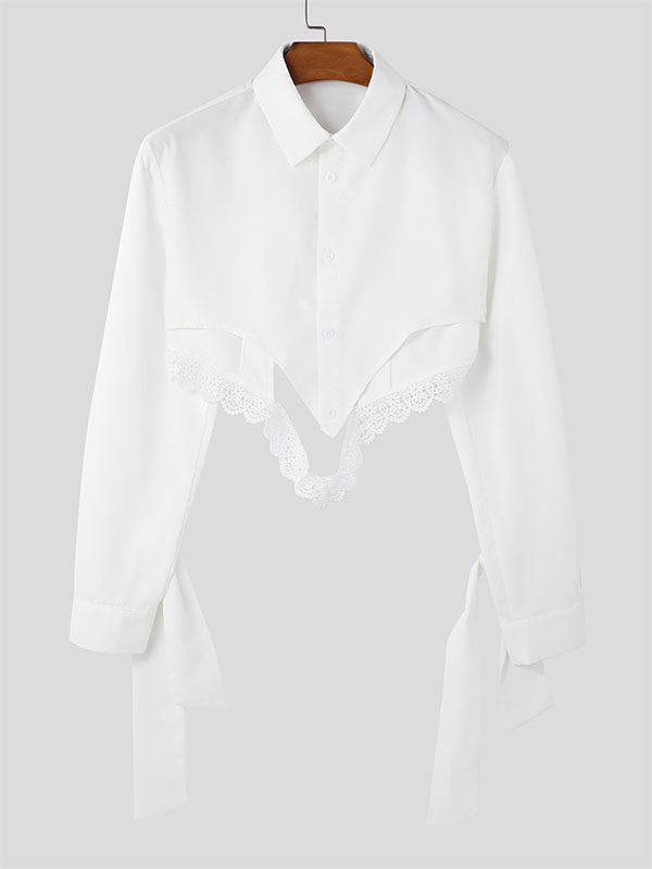 Mens Lace Patchwork Hollow-Out Long Sleeve Shirt SKUK96878