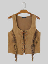 Mens Solid Straps Fringe Patchwork Sleeveless Vest SKUK55988