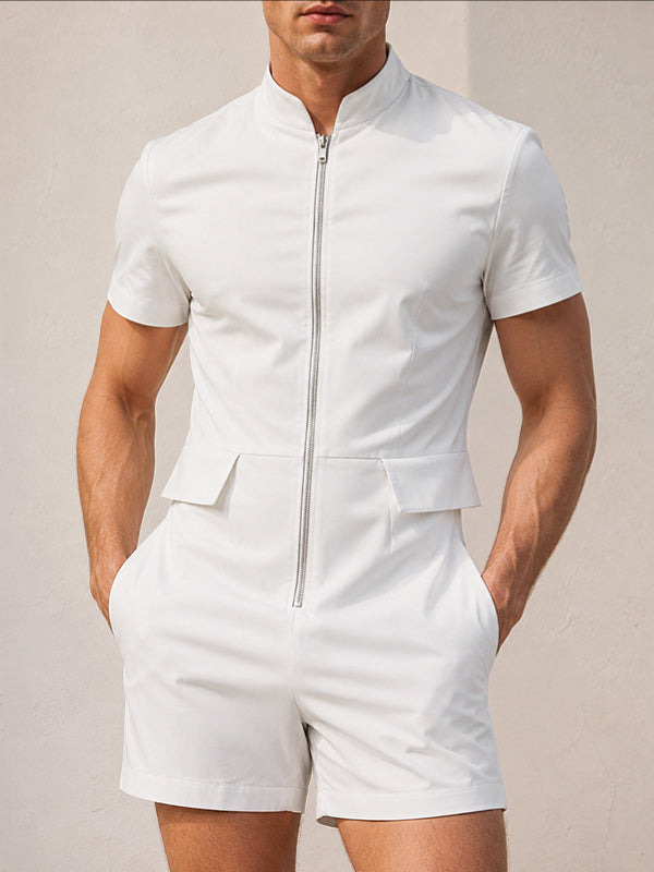 Men's High-Street American Vintage Techwear Zippered Mock-Neck Utility Jumpsuit SKUL74849