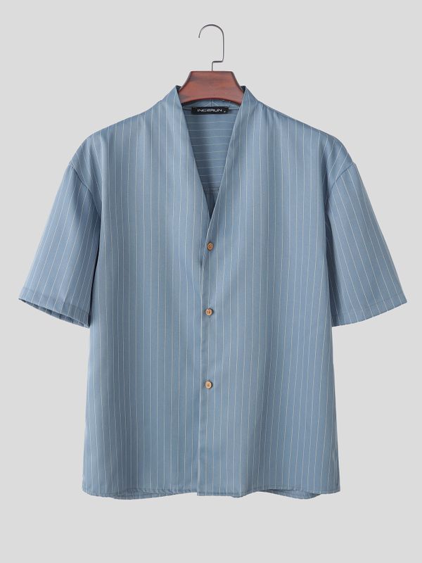 Men's Japanese Chic Pinstripe Collarless Deep V-Neck Boxy Cropped Short Sleeve Shirt SKUL68458