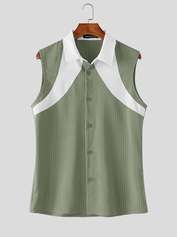 Men's High-End Urban Casual Contrast Panel Pinstripe Sleeveless Button-Up Shirt SKUL78279