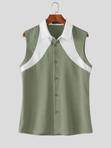 Men's High-End Urban Casual Contrast Panel Pinstripe Sleeveless Button-Up Shirt SKUL78279