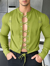 Mens Tie-Up Interwoven Hollow-Out Long Sleeve T-Shirt SKUK95749