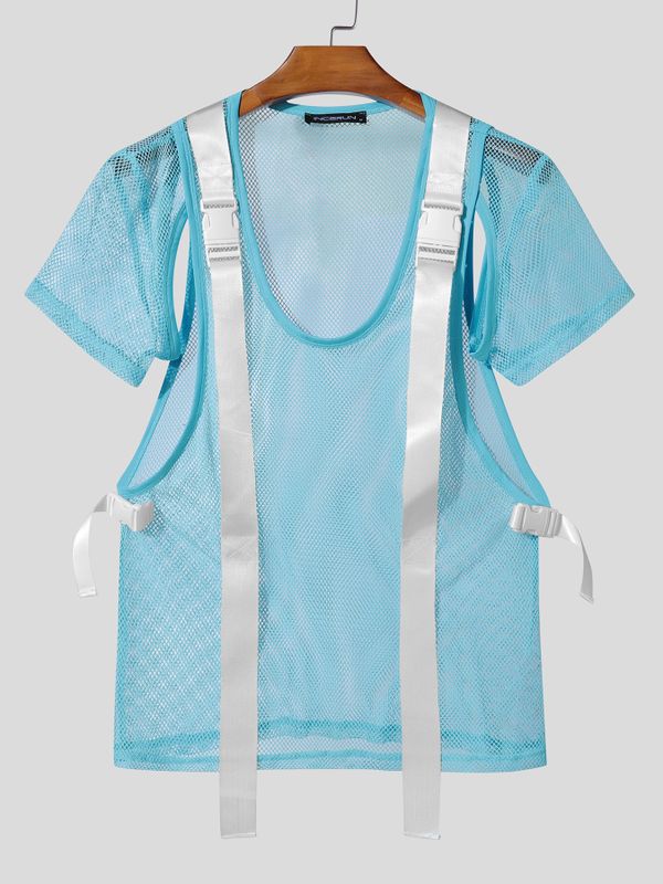 Men's Avant-Garde Tactical Mesh Integrated Buckled Harness T-shirt SKUL63044