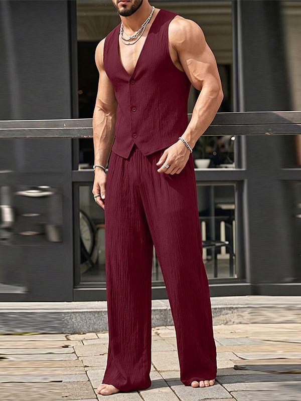 Men's Summer Casual Textured Deep V-Neck Two Pieces Outfit SKUL69692