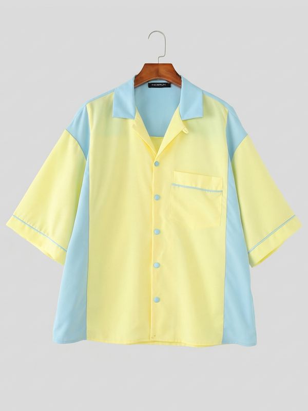Men's Retro Color-Block Patchwork Cuban Collar Shirt SKUL63835