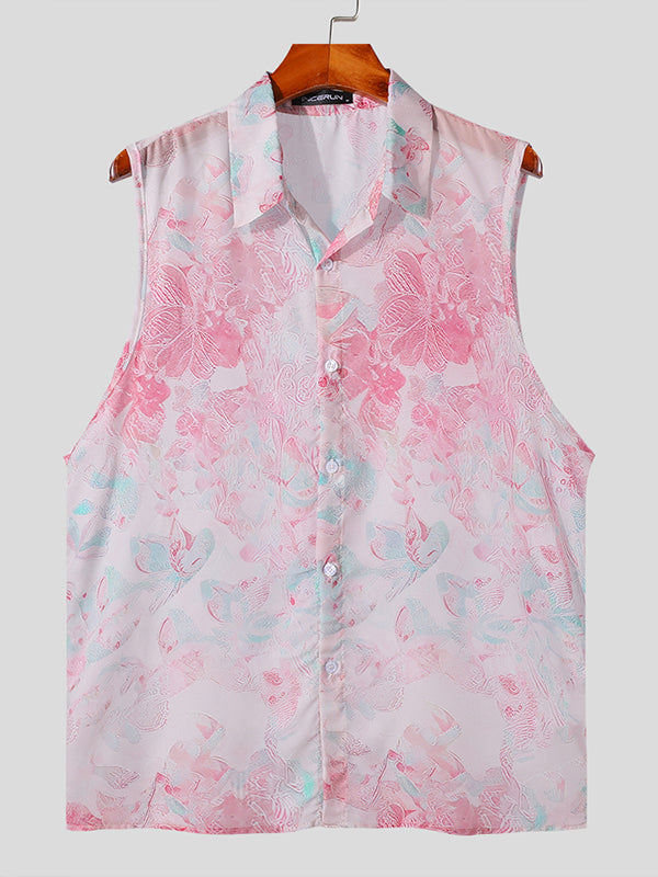 Mens Sexy Floral Print Sheer Sleeveless Shirt SKUK67994