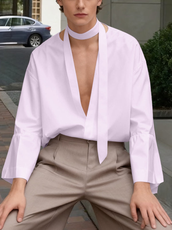 Men's Ribbon Deep V Neck Long Sleeve Shirt SKUL46568