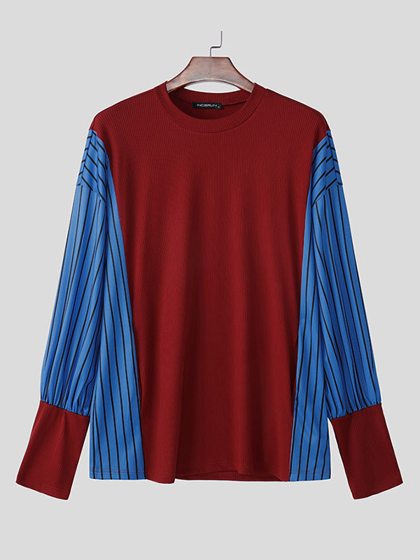 Mens Textured Patchwork Color-Block Long-Sleeve T-Shirt SKUK88171