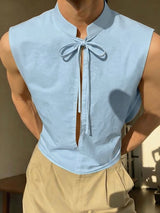 Men's Avant-Garde Neo-Chinese Open-Slit Tie-Front Mandarin Collar Tank SKUL75616