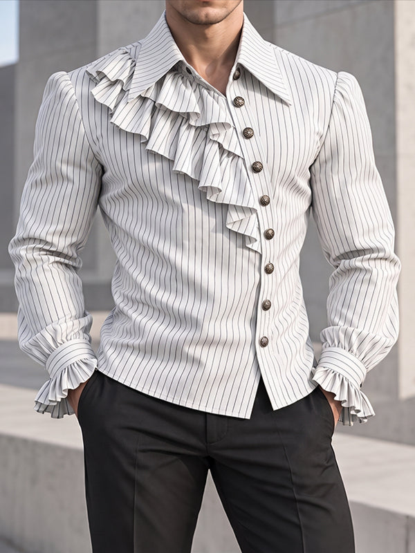 [Pre-order] Men's Vintage Dandy Stage Runway Ruffle Jabot Front Puffed Lantern Sleeve Striped Shirt SKUL89146