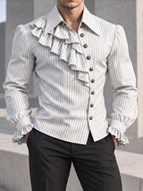[Pre-order] Men's Vintage Dandy Stage Runway Ruffle Jabot Front Puffed Lantern Sleeve Striped Shirt SKUL89146