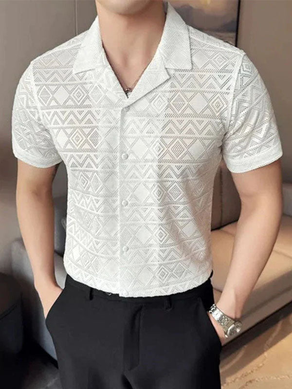 Mens Lace Sheer Cuban Collar Short Sleeve Shirt SKUK63059