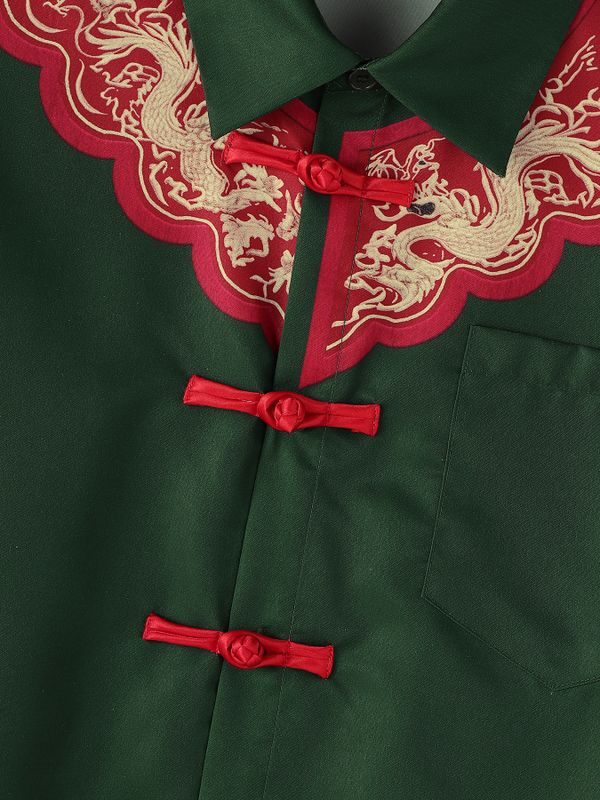 Men's Modern Chinoiserie Dragon Embroidery Frog Button Cuban Collar Short Sleeve Shirt SKUL56078