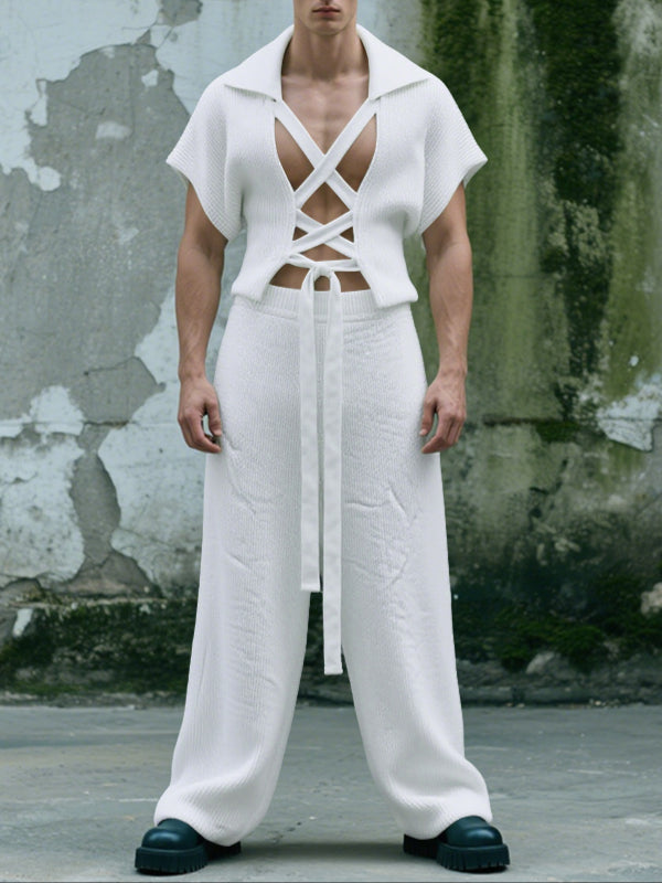 Men's Lace-Up Cross Texture Two Pieces Outfit SKUL29573