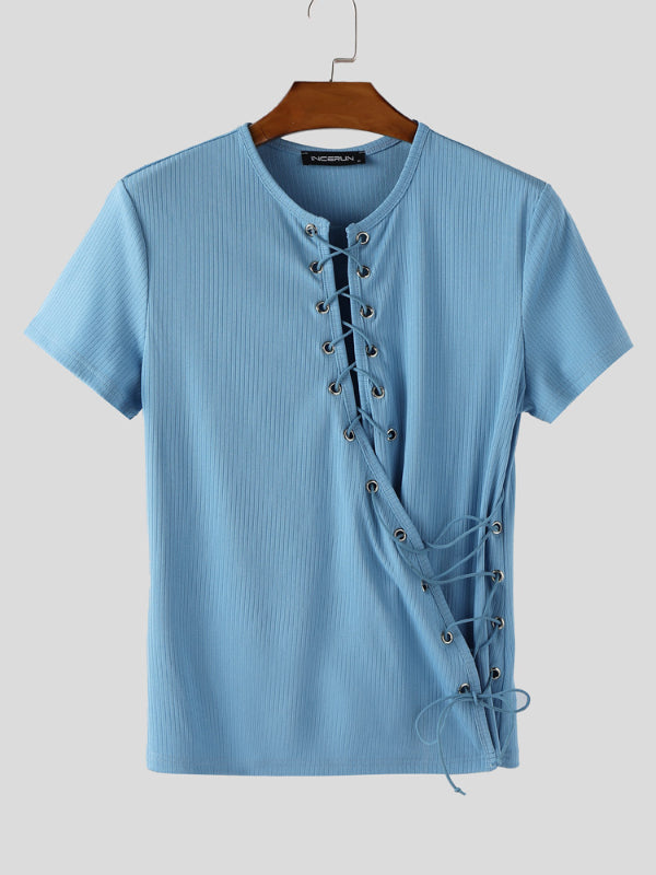 Mens Crisscross Lace-Up Knit Short Sleeve T-Shirt SKUL16797