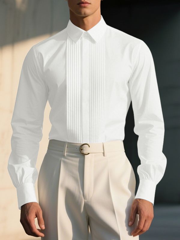 Men's Solid Color Pleated Long Sleeve Shirt SKUL42703
