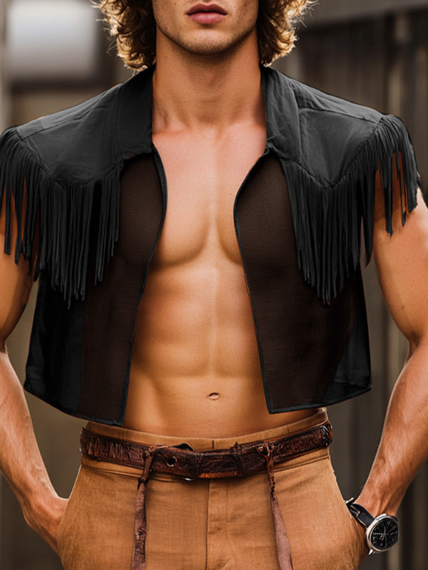 Mens Solid Color Fringe Patchwork Sleeveless Shirt SKUL12930