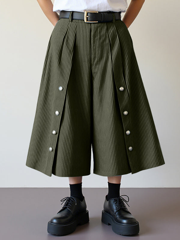 Men's Striped Button Casual Cropped Short SKUL23560