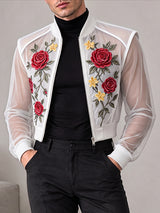 [Pre-order] Men's Avant-Garde Nightclub Party Rose Floral Embroidered Sheer Mesh Cropped Bomber Jacket SKUL89247