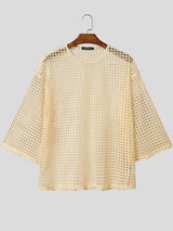 Men's Festival Fashion Crochet Hollow Out Oversized Dropped Shoulder Half Sleeve T-shirt SKUL55346