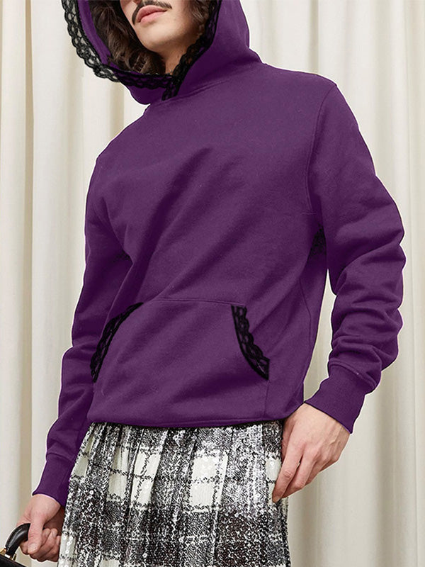 Mens Lace Patchwork Pullover Long Sleeve Hoodie SKUK81461