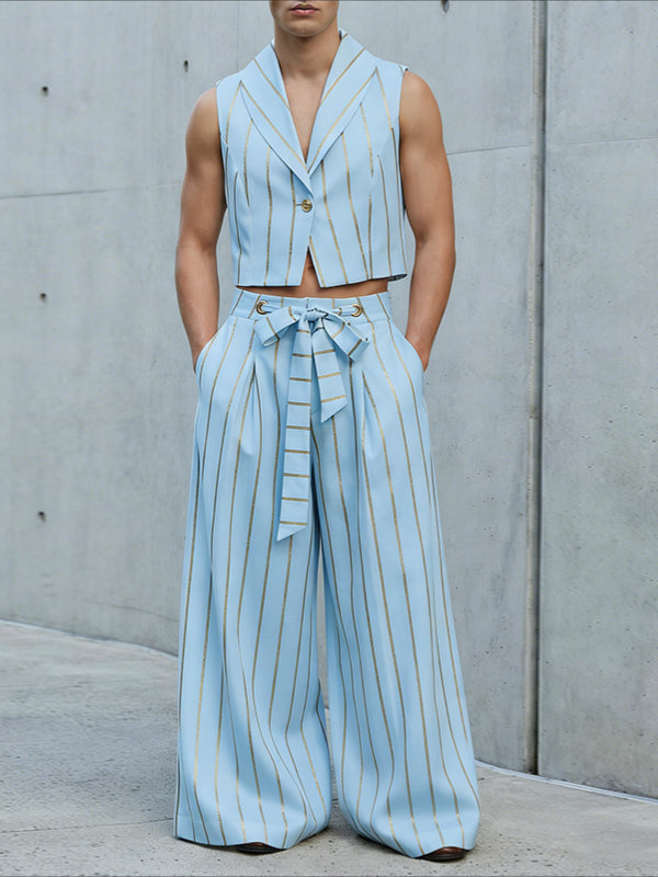 Men's Avant-Garde Pinstripe Cropped Two Pieces Outfit SKUL61696