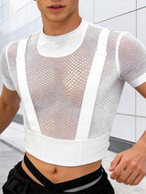 Men's Avant-Garde Sheer Mesh Harness-Detail Cropped Short Sleeve T-shirt SKUL57685