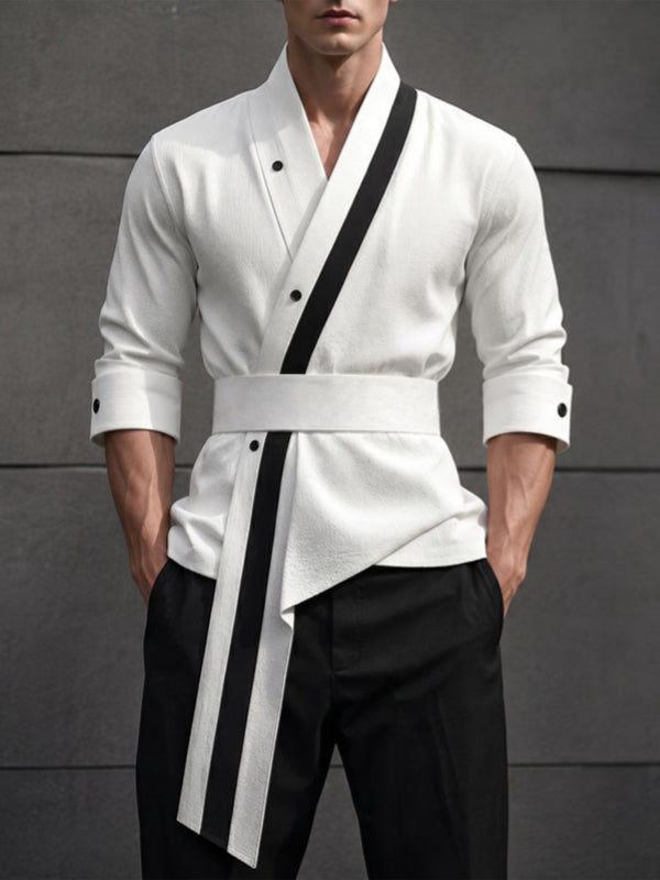Men's Avant-Garde Asian Fusion Cross Collar Contrast Trim Belted Wrap Shirt SKUL76544