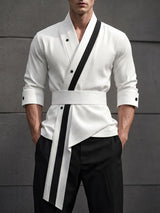 Men's Avant-Garde Asian Fusion Cross Collar Contrast Trim Belted Wrap Shirt SKUL76544