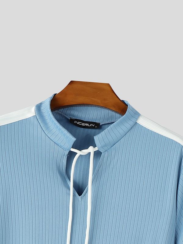 Men's Casual Ribbed Contrast Panel Drawstring V-Neck Short Sleeve Shirt SKUL73568