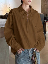 Men's Textured Drawstring Lapel Long Sleeve Shirt SKUL34969