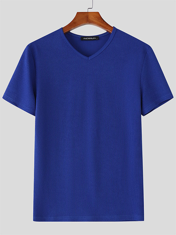 Mens Textured Knit V-Neck Short Sleeve T-Shirt SKUL13188