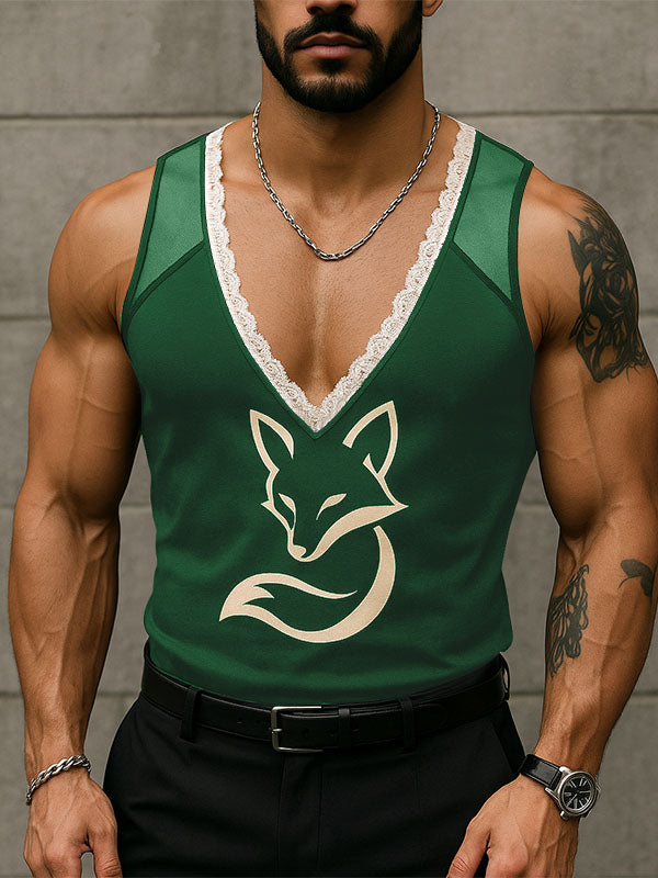 Mens Fox Print Lace Trim Casual Tank SKUL15798
