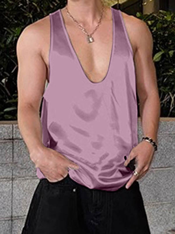 Mens Solid Color Satin U-Neck Tank SKUK70411