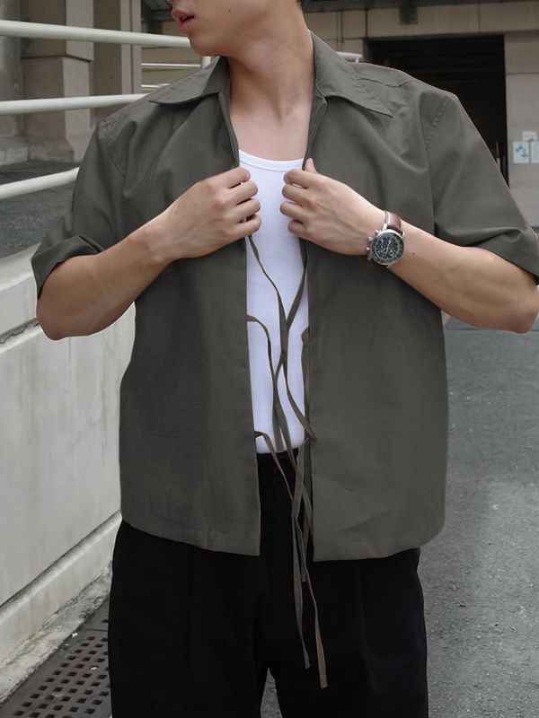 Men's Drawstring Patchwork Short Sleeve Shirt SKUL36626