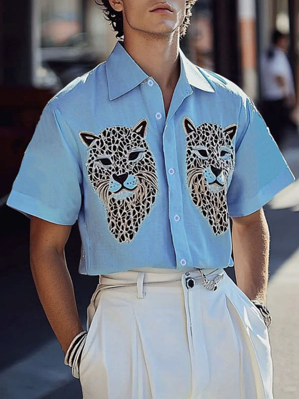 Mens Leopard Print Cropped Short Sleeve Shirt SKUL13702