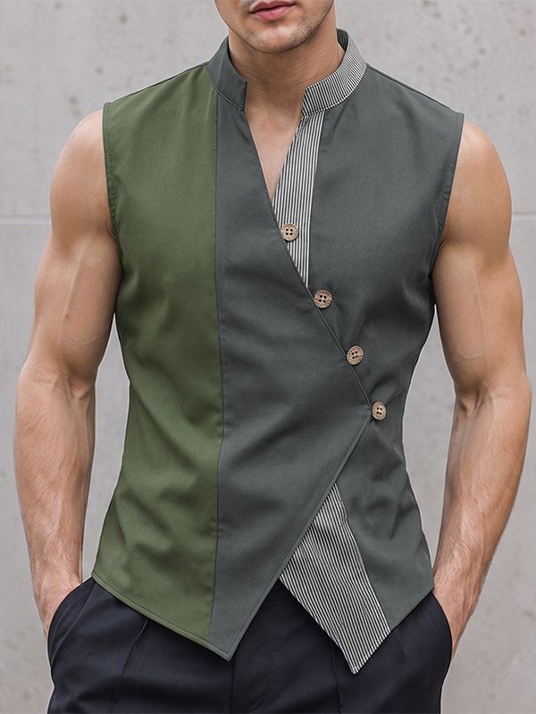Men's Avant-Garde Color Block Asymmetrical Diagonal Button Stand Collar Tank SKUL75612