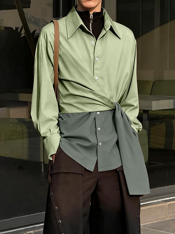 Men's Color Block Twist Tie Long Sleeve Shirt SKUL37294