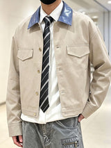 Men's Retro Workwear Daily Commute Contrast Leather Collar Flap Pocket Cropped Jacket SKUL84769