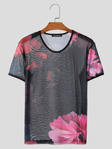 Mens Floral Print Sheer Short Sleeve T-Shirt SKUK68451