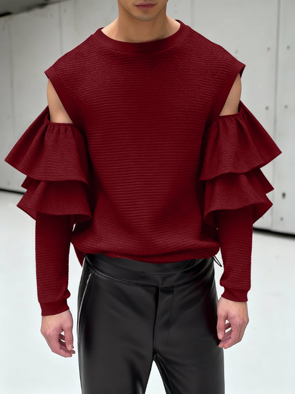 Men's Cutout Design Ruffle Long Sleeve T-shirt SKUL46571