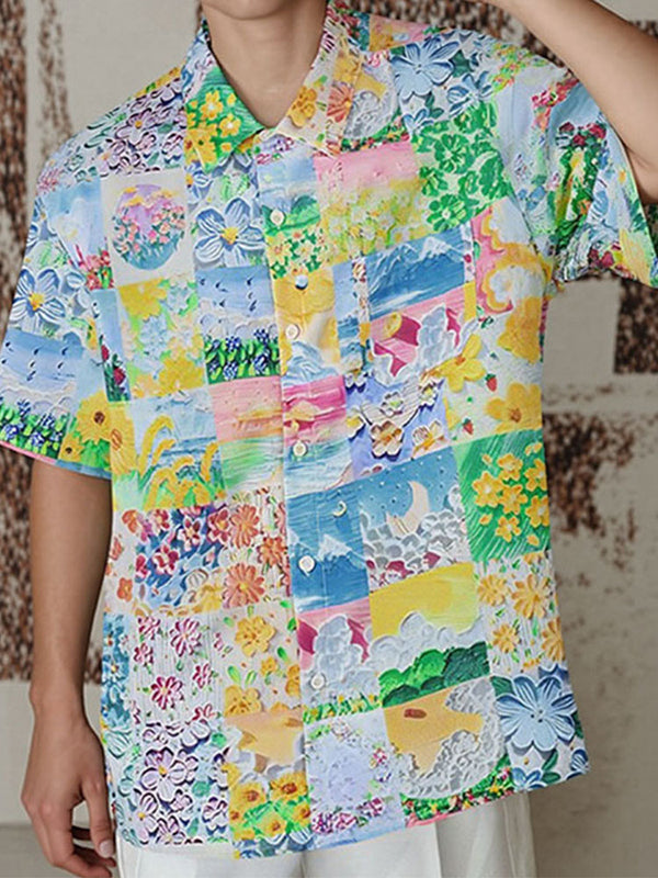 Mens Floral Print Color-Block Short Sleeve Shirt SKUK97040
