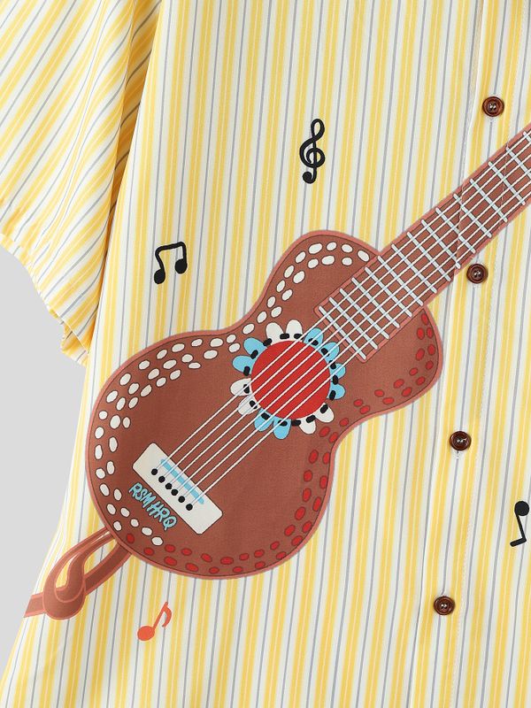 Men's Vintage Striped Guitar Print Turn Down Collar Dropped Shoulder Short Sleeve Shirt SKUL74461